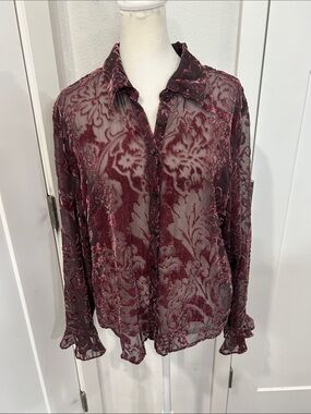 Worthington women’s Sheer Burnout Floral Button-Down Top - Wine